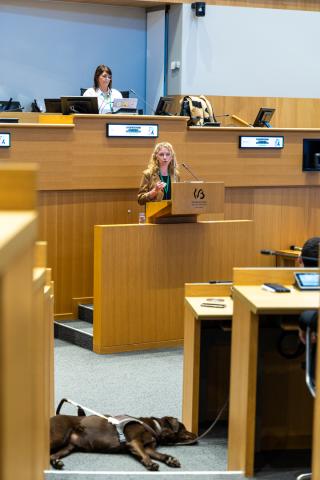 Présentation lors de la conférence cécité et malvoyance, avec en premier plan un chien d'assistance